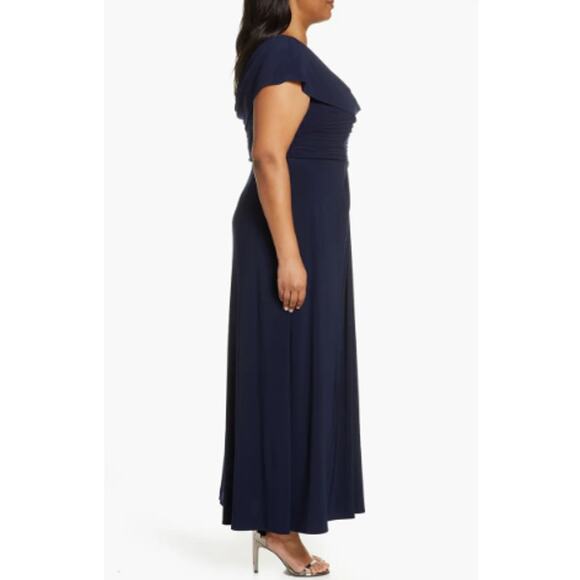 NEW ALEX EVENINGS Navy Cowl Neck Beaded Waist Evening Gown Size 14 - Picture 3 of 8